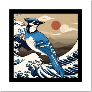 Vintage Blue Jay Bird in Sunset with The Great Wave Bird Watching Dad Posters and Art